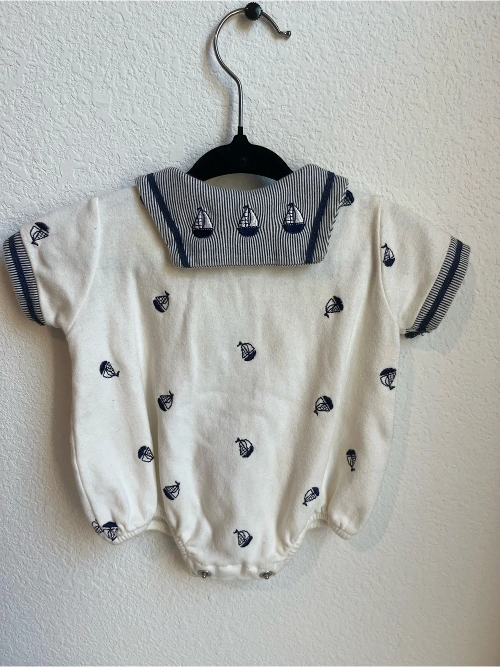 Vintage Starting Out Cream and Navy Sailboat Collared One-Piece